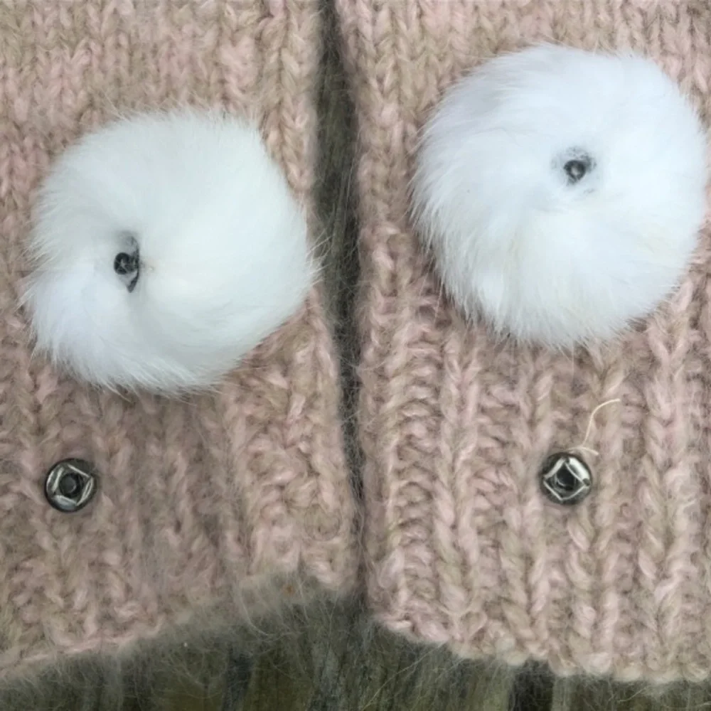 HAND CRAFTED Mittens ANGORA Soft Knit Pink White Rabbit Fur Size Medium Large